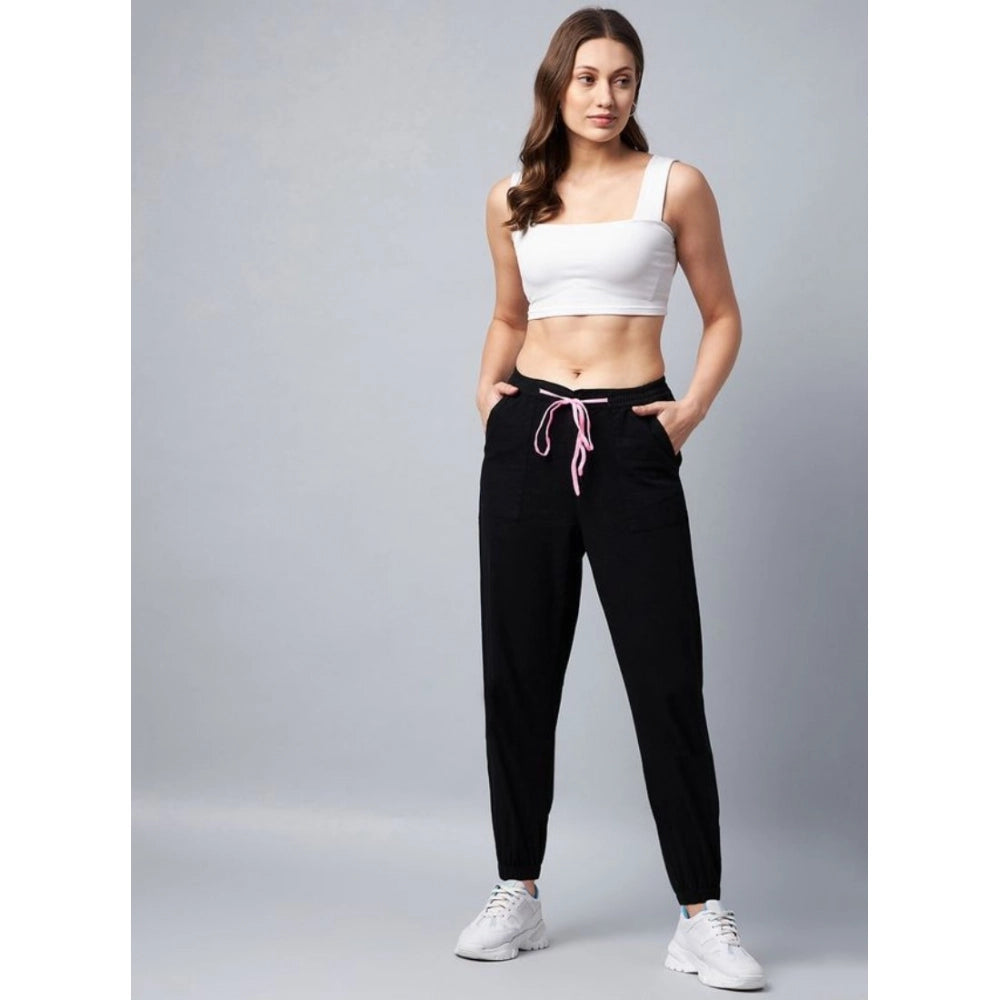 Snuggle Spot Women's Cotton Twill Solid Elasticated Trousers (Black)