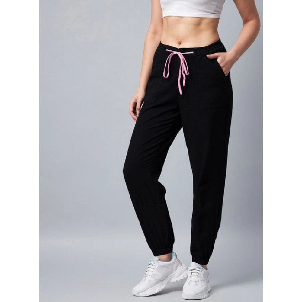 Snuggle Spot Women's Cotton Twill Solid Elasticated Trousers (Black)