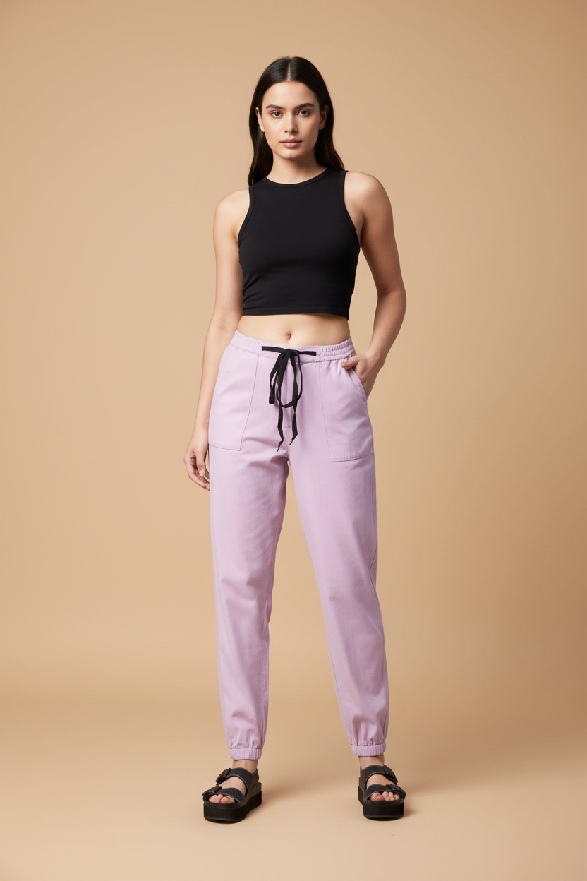 Snuggle Spot Women's Coton Twill Solid Elasticated Trousers (Lavender)