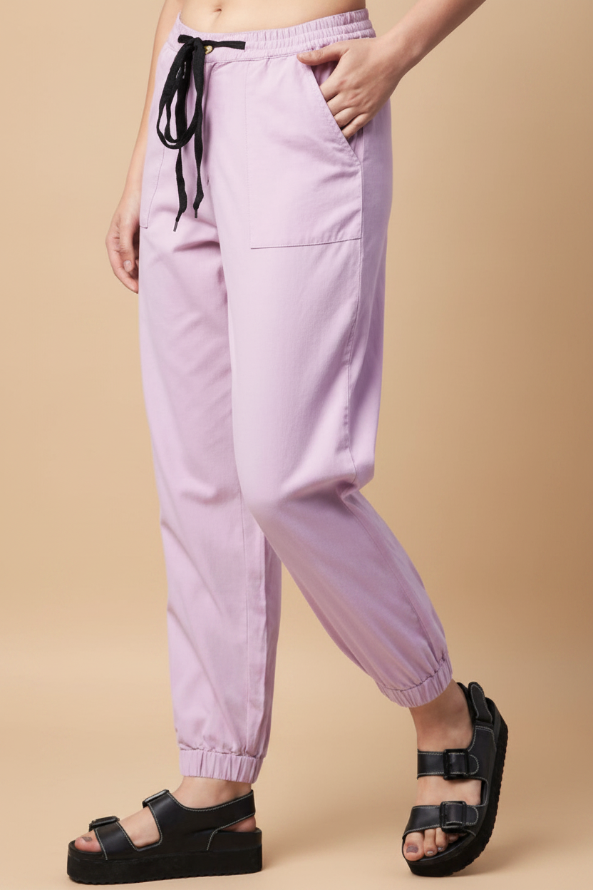 Snuggle Spot Women's Coton Twill Solid Elasticated Trousers (Lavender)