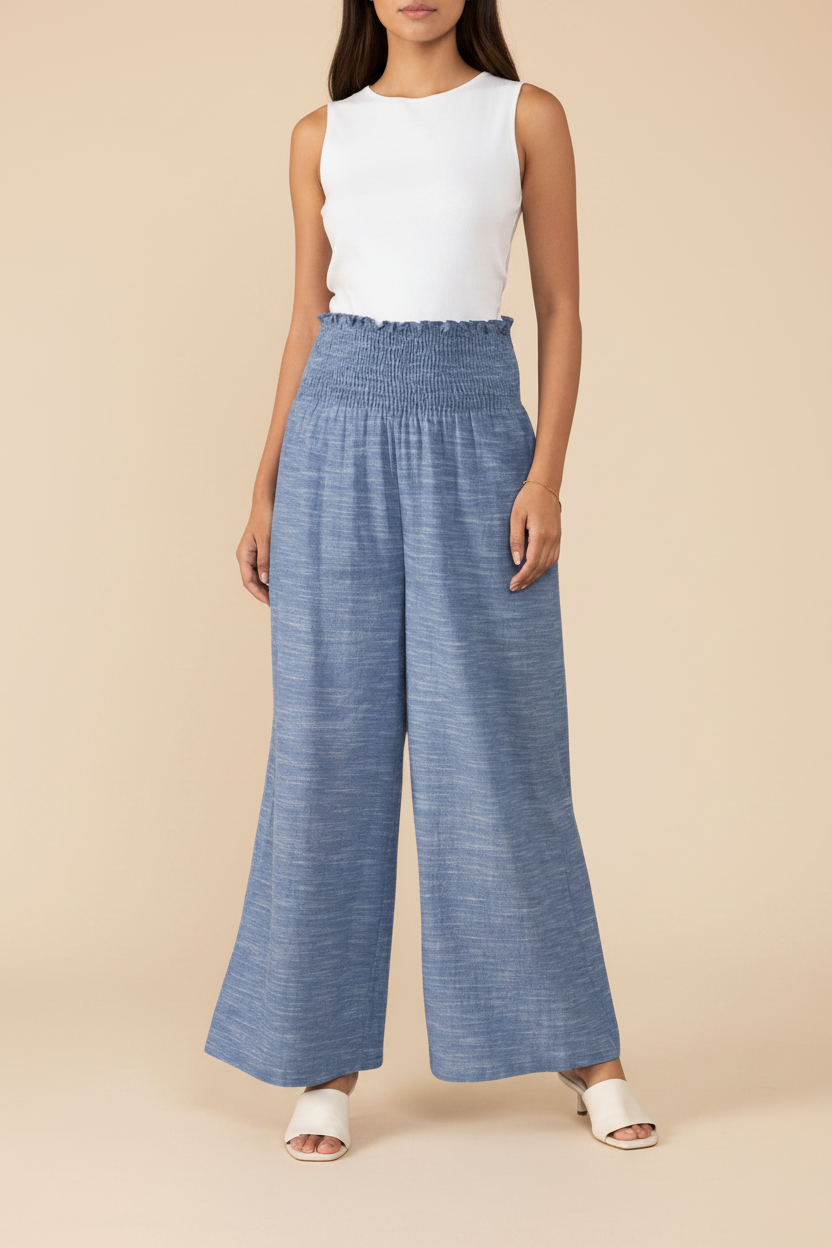 Snuggle Spot Women's Cotton Self Design Smocked Trousers (Blue)