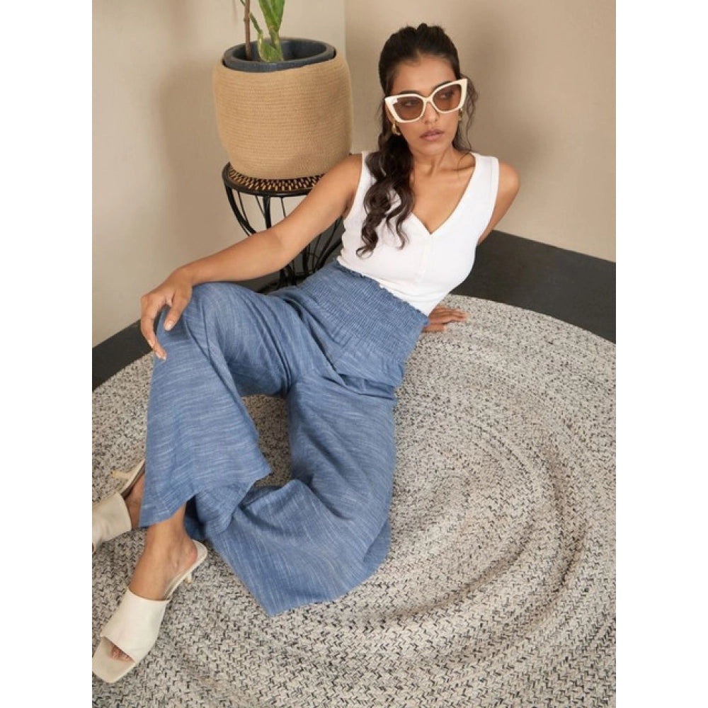Snuggle Spot Women's Cotton Self Design Smocked Trousers (Blue)