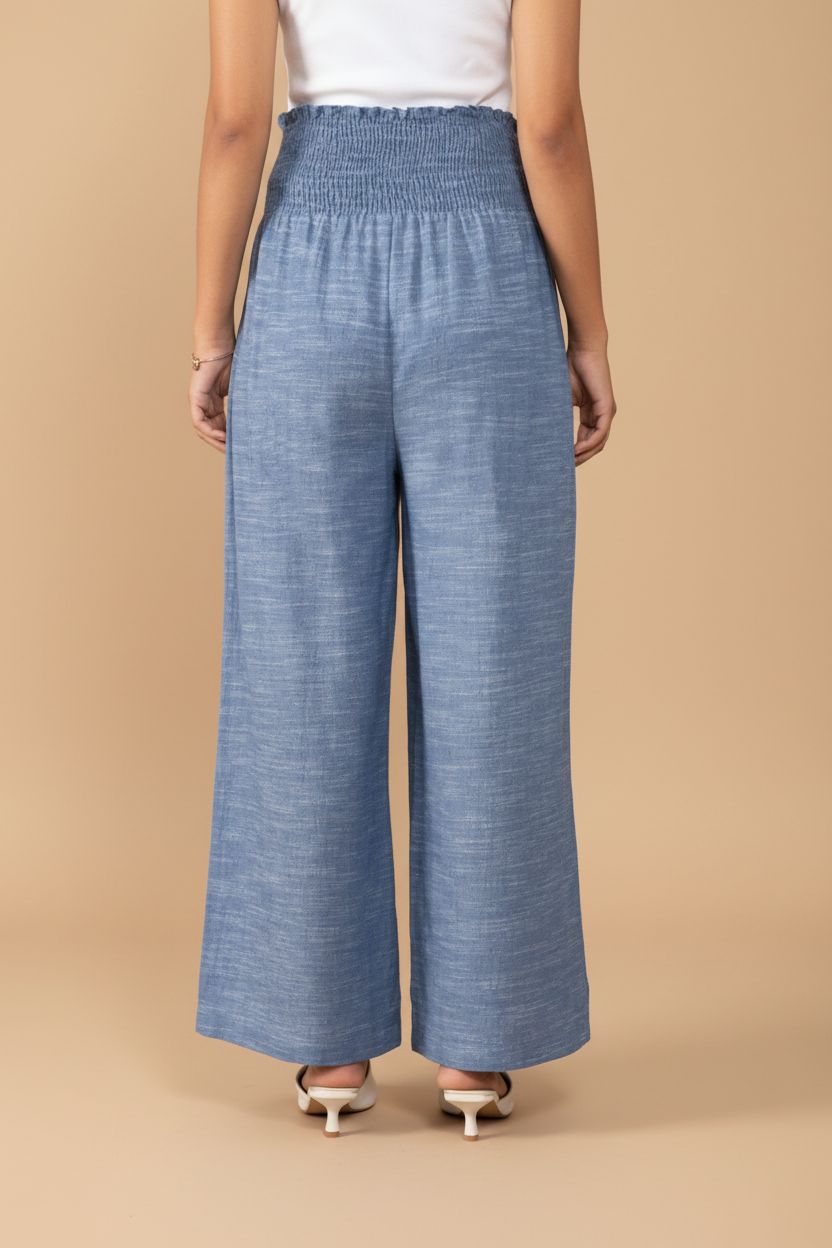 Snuggle Spot Women's Cotton Self Design Smocked Trousers (Blue)
