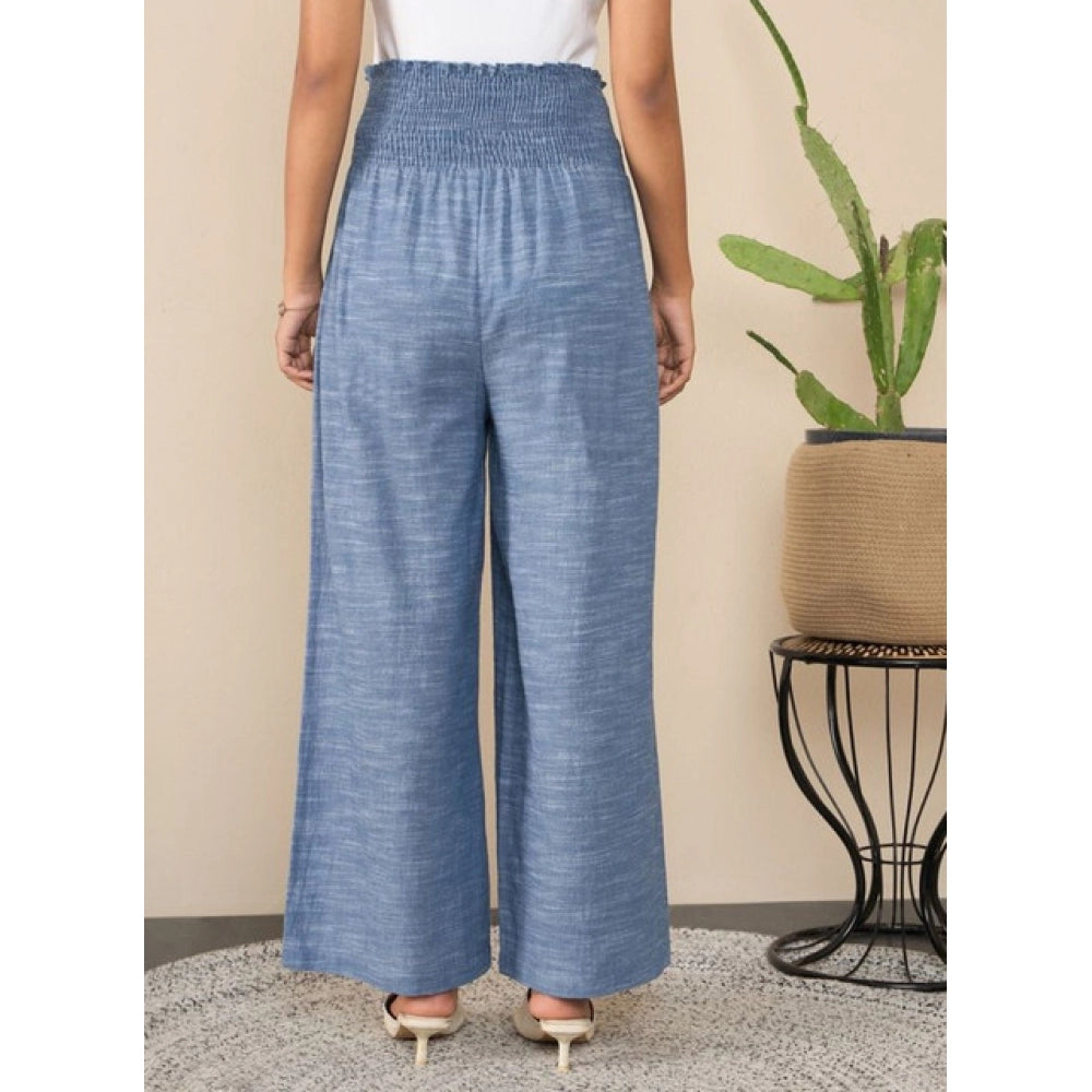 Snuggle Spot Women's Cotton Self Design Smocked Trousers (Blue)