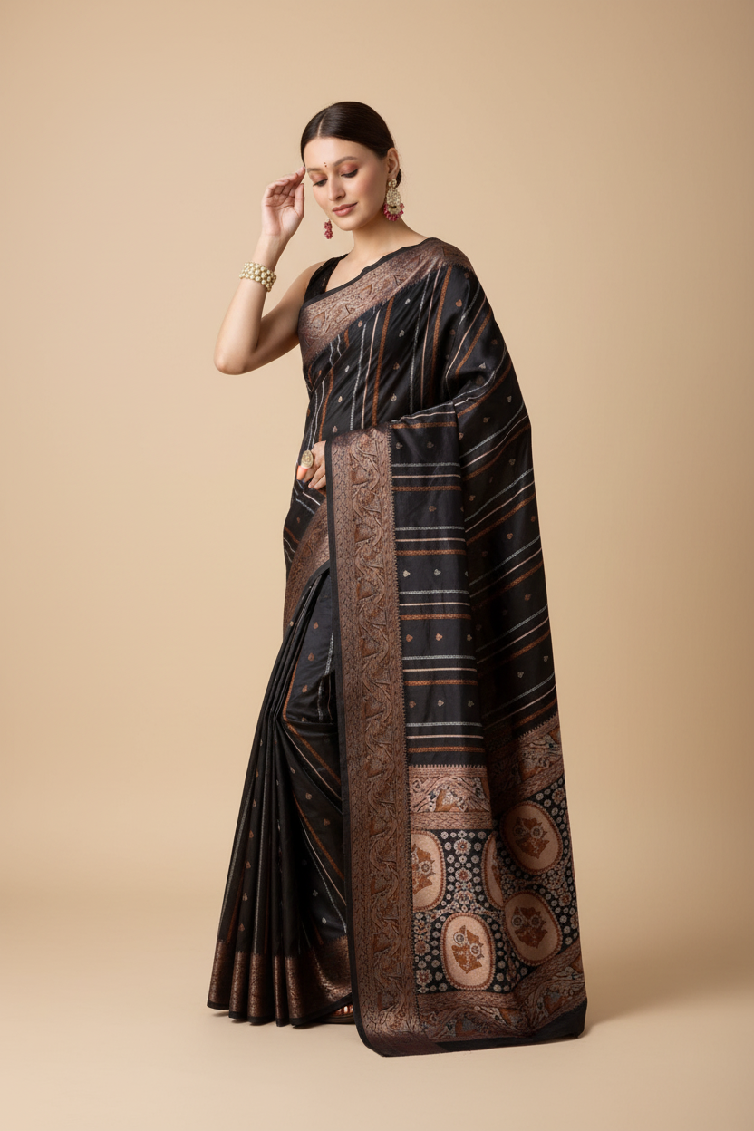 Snuggle Spot Women's Soft Silk Jacquard Saree With Unstitched Blouse 5.5Mtr (Black)