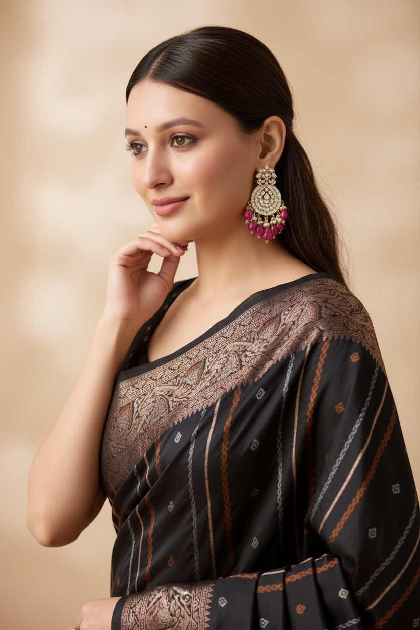 Snuggle Spot Women's Soft Silk Jacquard Saree With Unstitched Blouse 5.5Mtr (Black)
