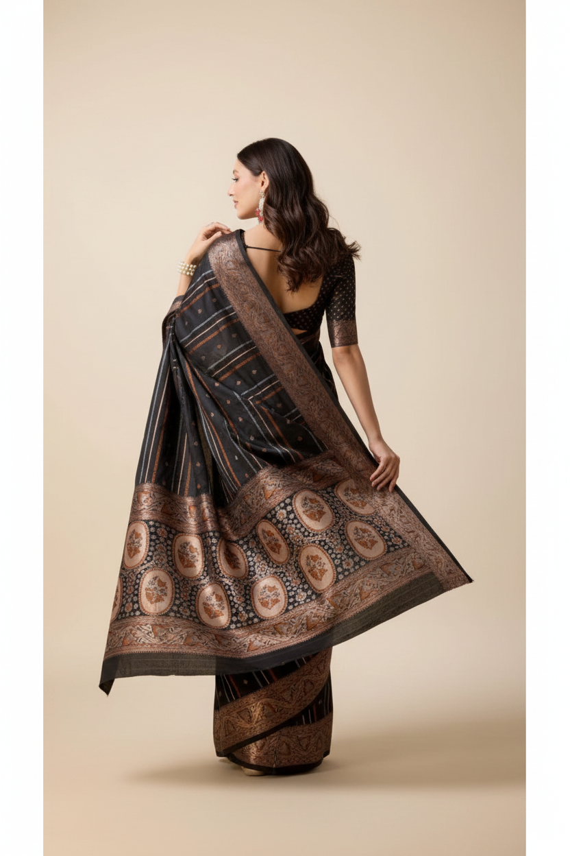 Snuggle Spot Women's Soft Silk Jacquard Saree With Unstitched Blouse 5.5Mtr (Black)