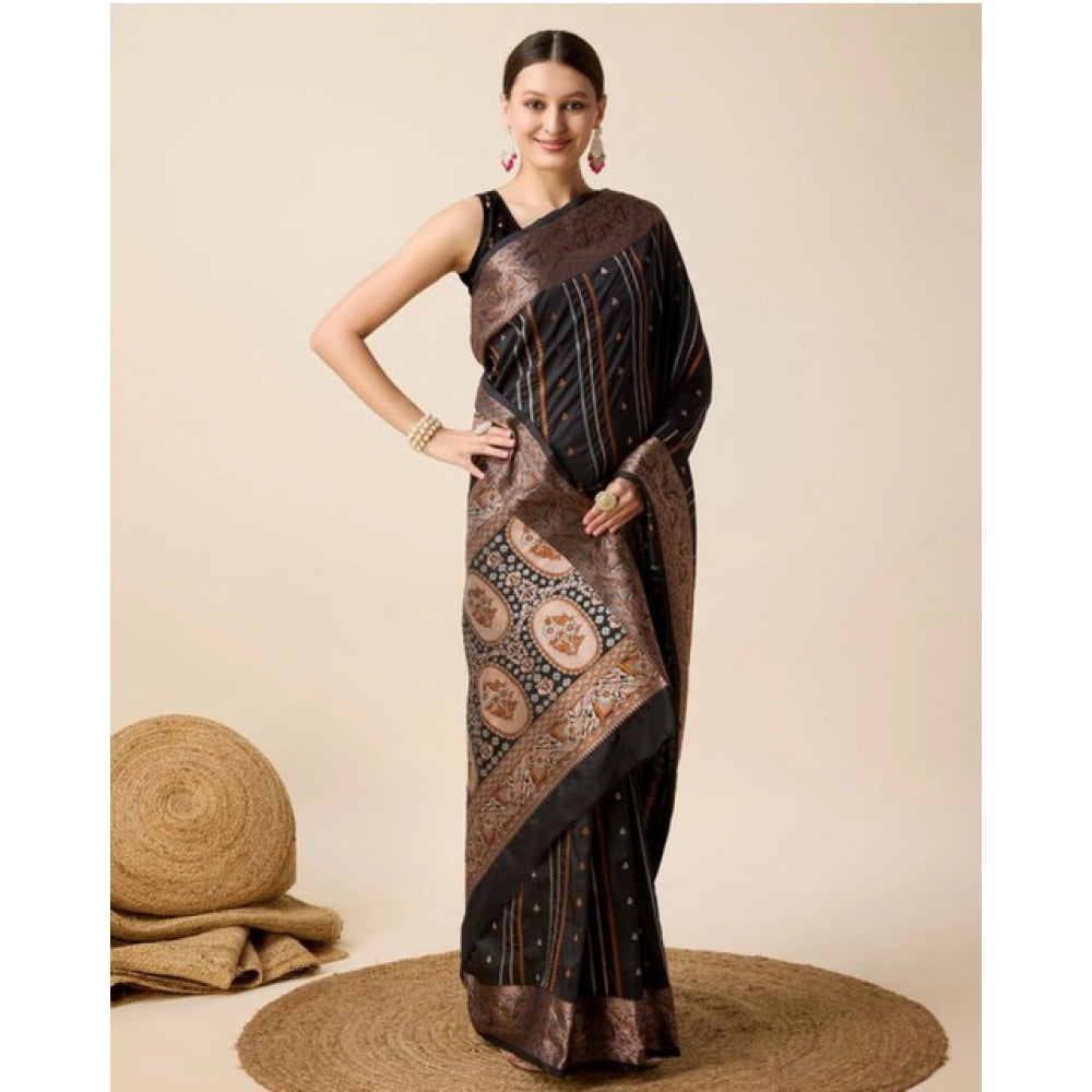 Snuggle Spot Women's Soft Silk Jacquard Saree With Unstitched Blouse 5.5Mtr (Black)