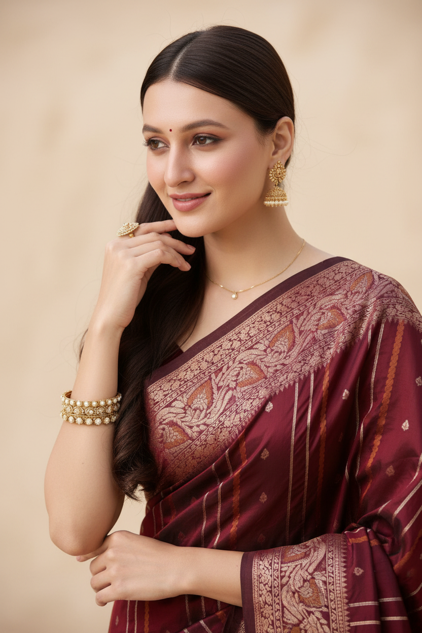 Snuggle Spot Women's Soft Silk Jacquard Saree With Unstitched Blouse 5.5Mtr (Maroon)