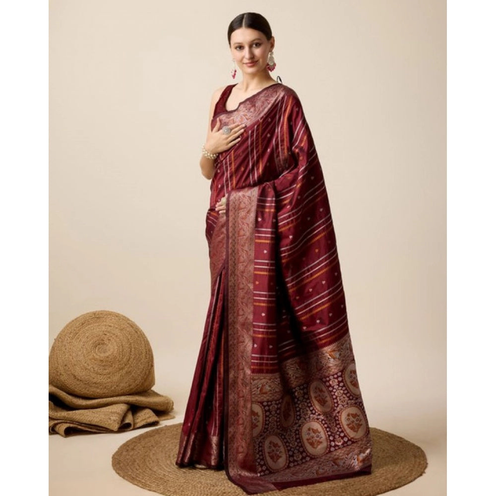 Snuggle Spot Women's Soft Silk Jacquard Saree With Unstitched Blouse 5.5Mtr (Maroon)