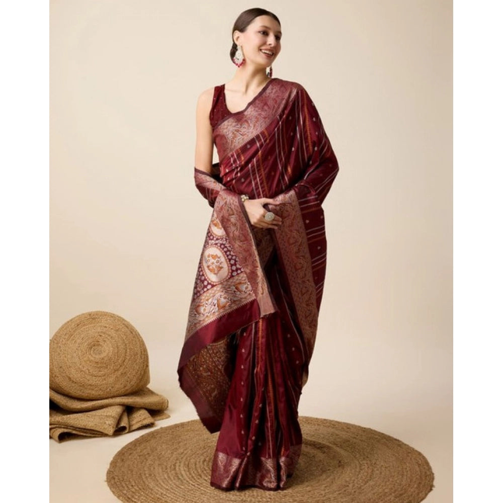 Snuggle Spot Women's Soft Silk Jacquard Saree With Unstitched Blouse 5.5Mtr (Maroon)