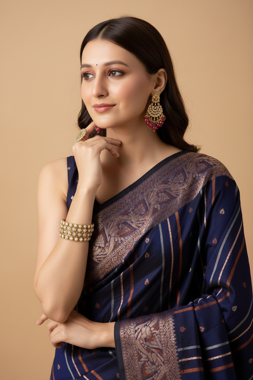 Snuggle Spot Women's Soft Silk Jacquard Saree With Unstitched Blouse 5.5Mtr (Navy)