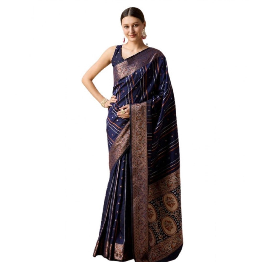 Snuggle Spot Women's Soft Silk Jacquard Saree With Unstitched Blouse 5.5Mtr (Navy)
