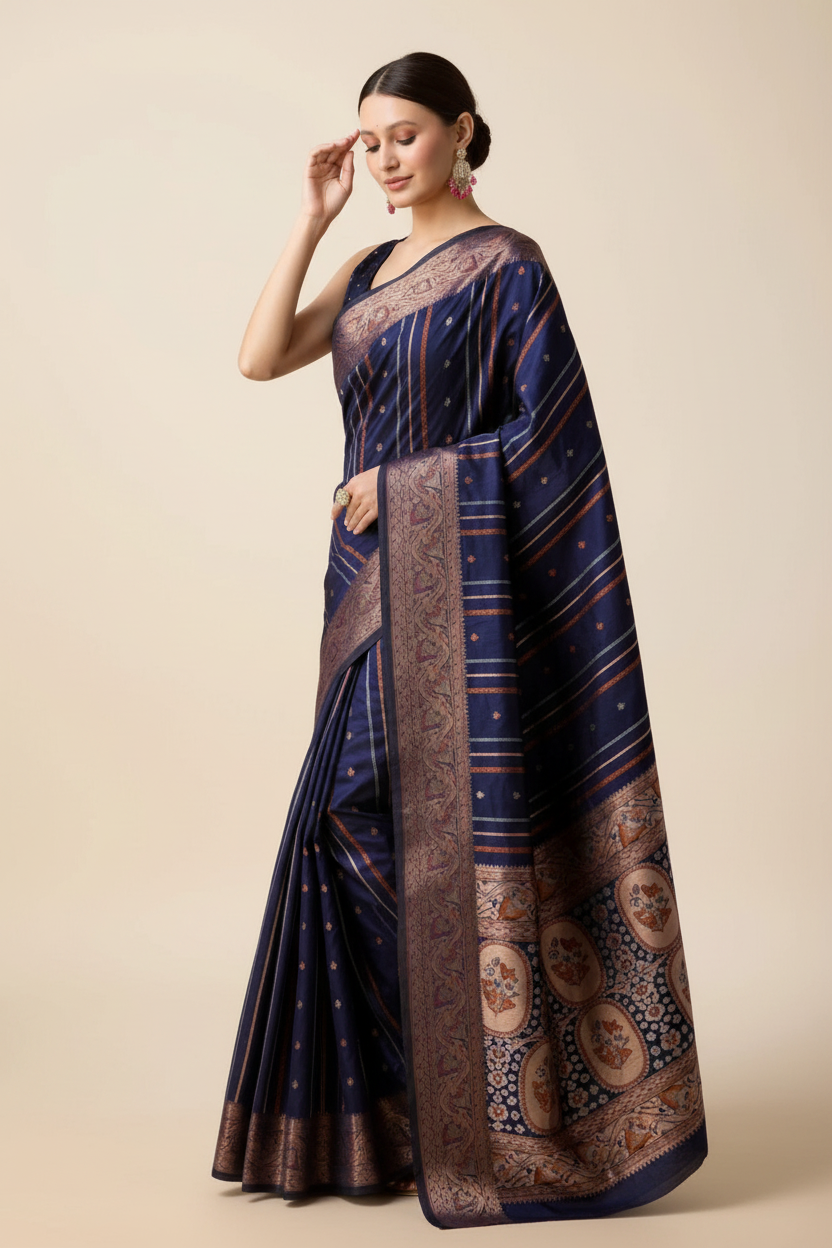 Snuggle Spot Women's Soft Silk Jacquard Saree With Unstitched Blouse 5.5Mtr (Navy)