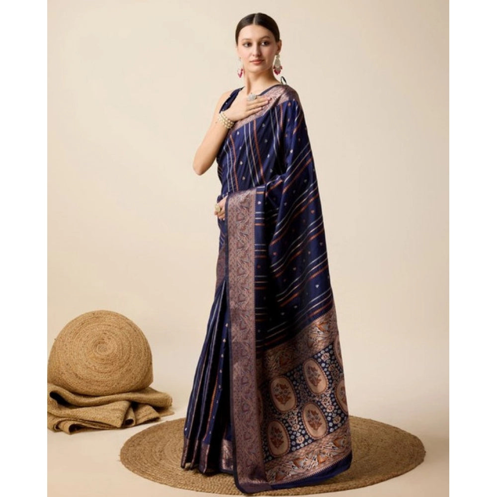 Snuggle Spot Women's Soft Silk Jacquard Saree With Unstitched Blouse 5.5Mtr (Navy)