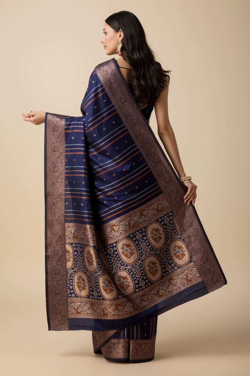 Snuggle Spot Women's Soft Silk Jacquard Saree With Unstitched Blouse 5.5Mtr (Navy)