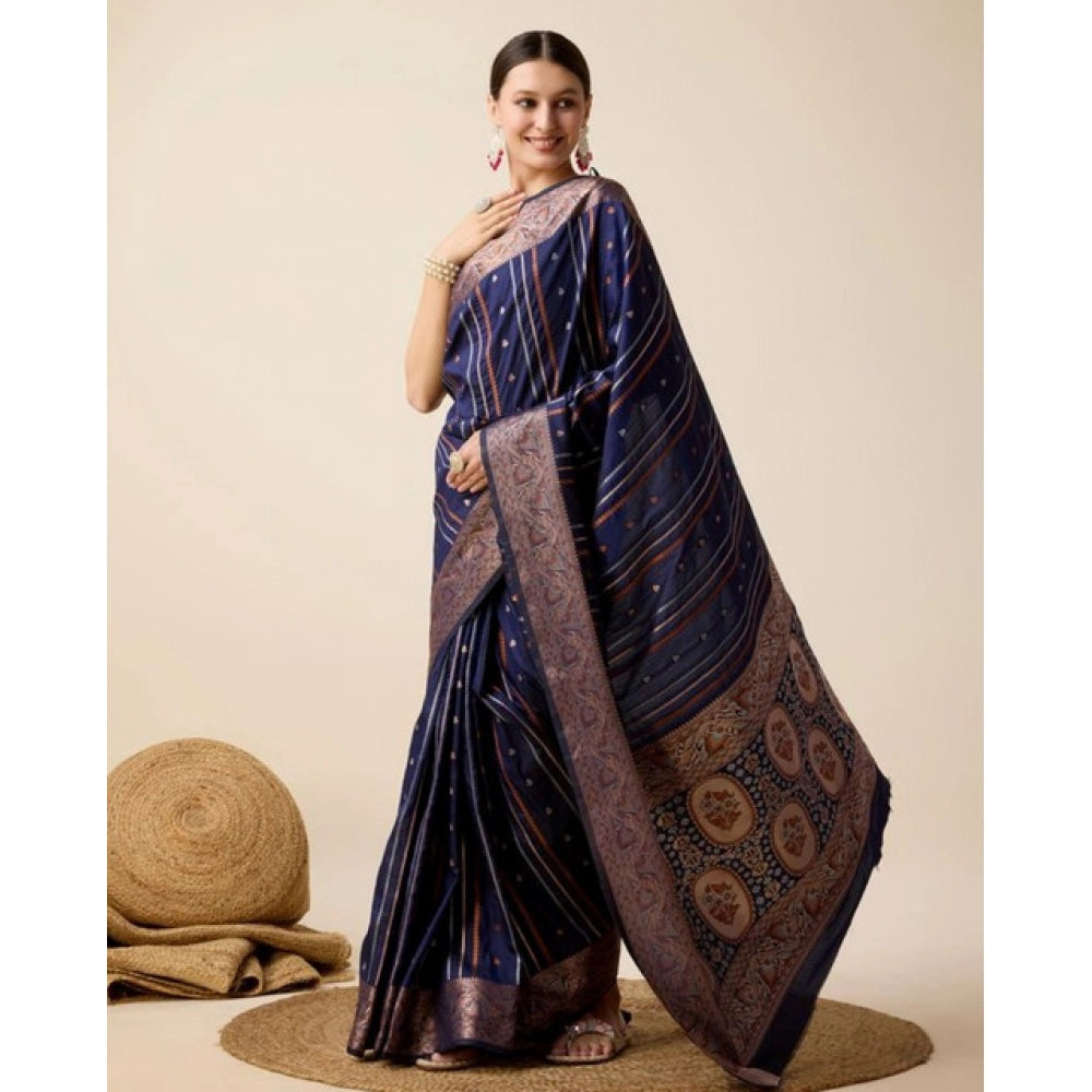 Snuggle Spot Women's Soft Silk Jacquard Saree With Unstitched Blouse 5.5Mtr (Navy)