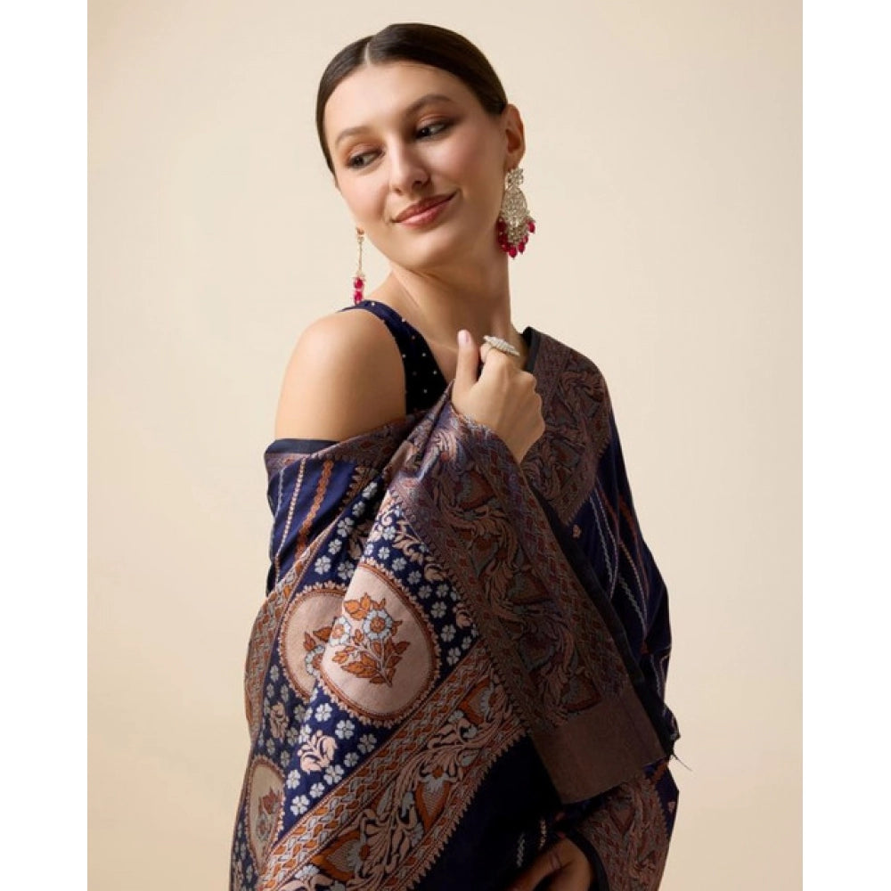Snuggle Spot Women's Soft Silk Jacquard Saree With Unstitched Blouse 5.5Mtr (Navy)