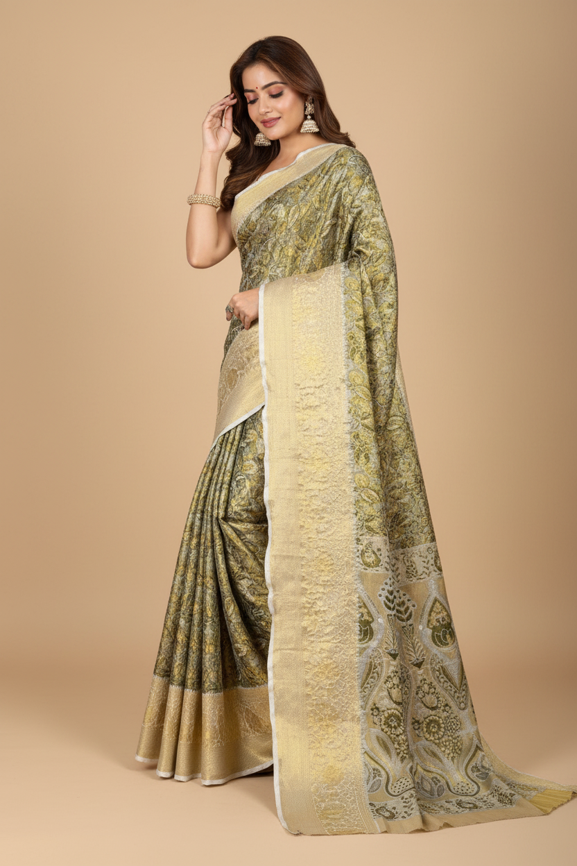Snuggle Spot Women's Jacquard Saree With Unstitched Blouse 5.5Mtr (Olive)