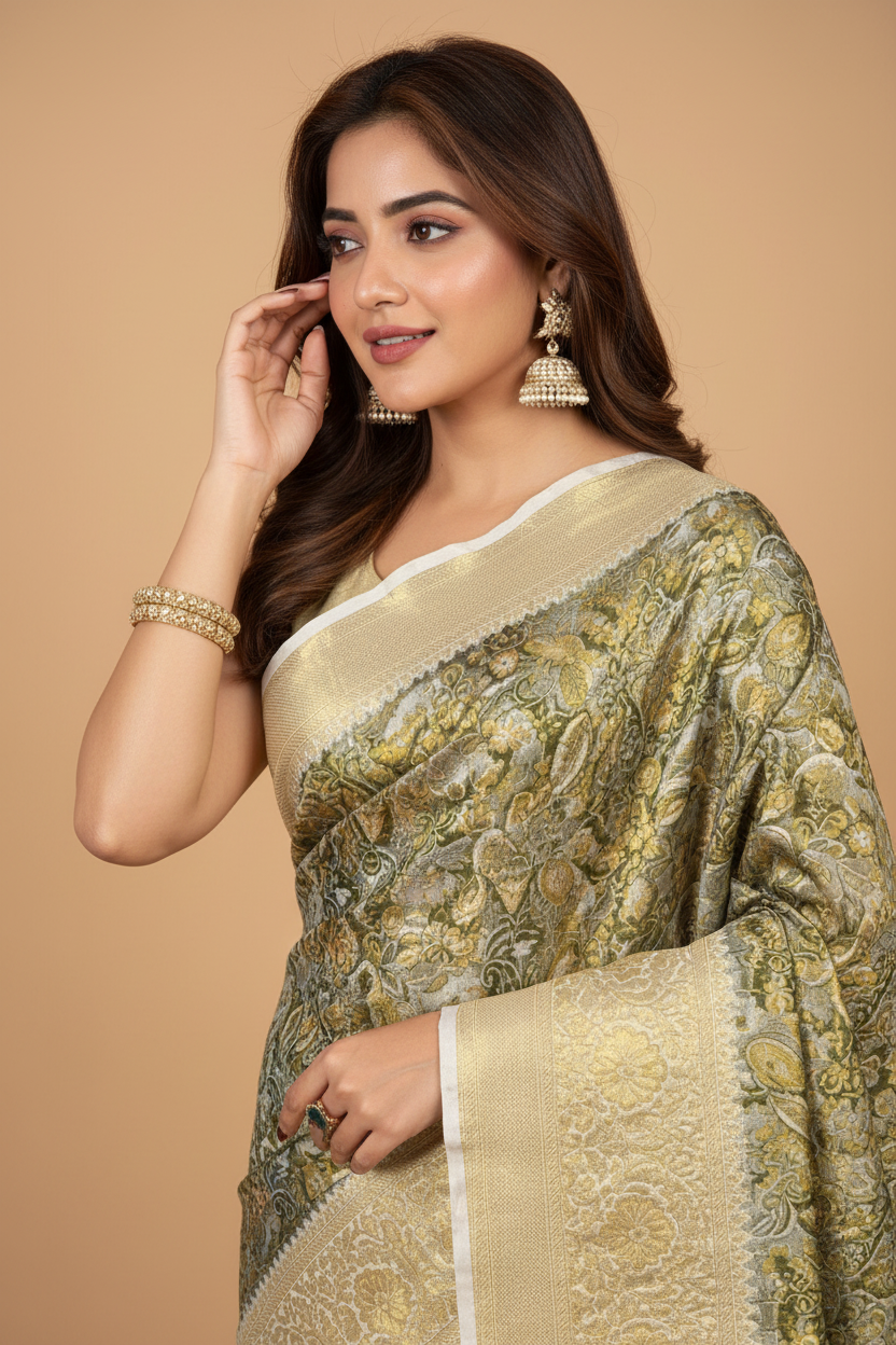 Snuggle Spot Women's Jacquard Saree With Unstitched Blouse 5.5Mtr (Olive)