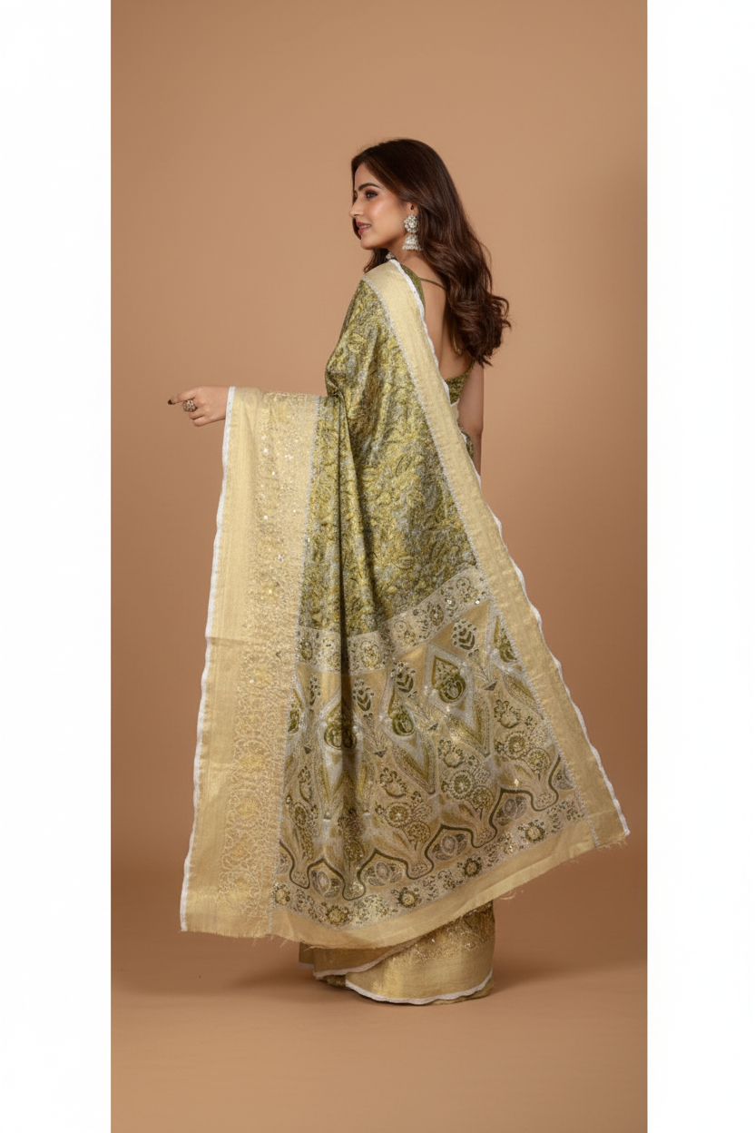 Snuggle Spot Women's Jacquard Saree With Unstitched Blouse 5.5Mtr (Olive)