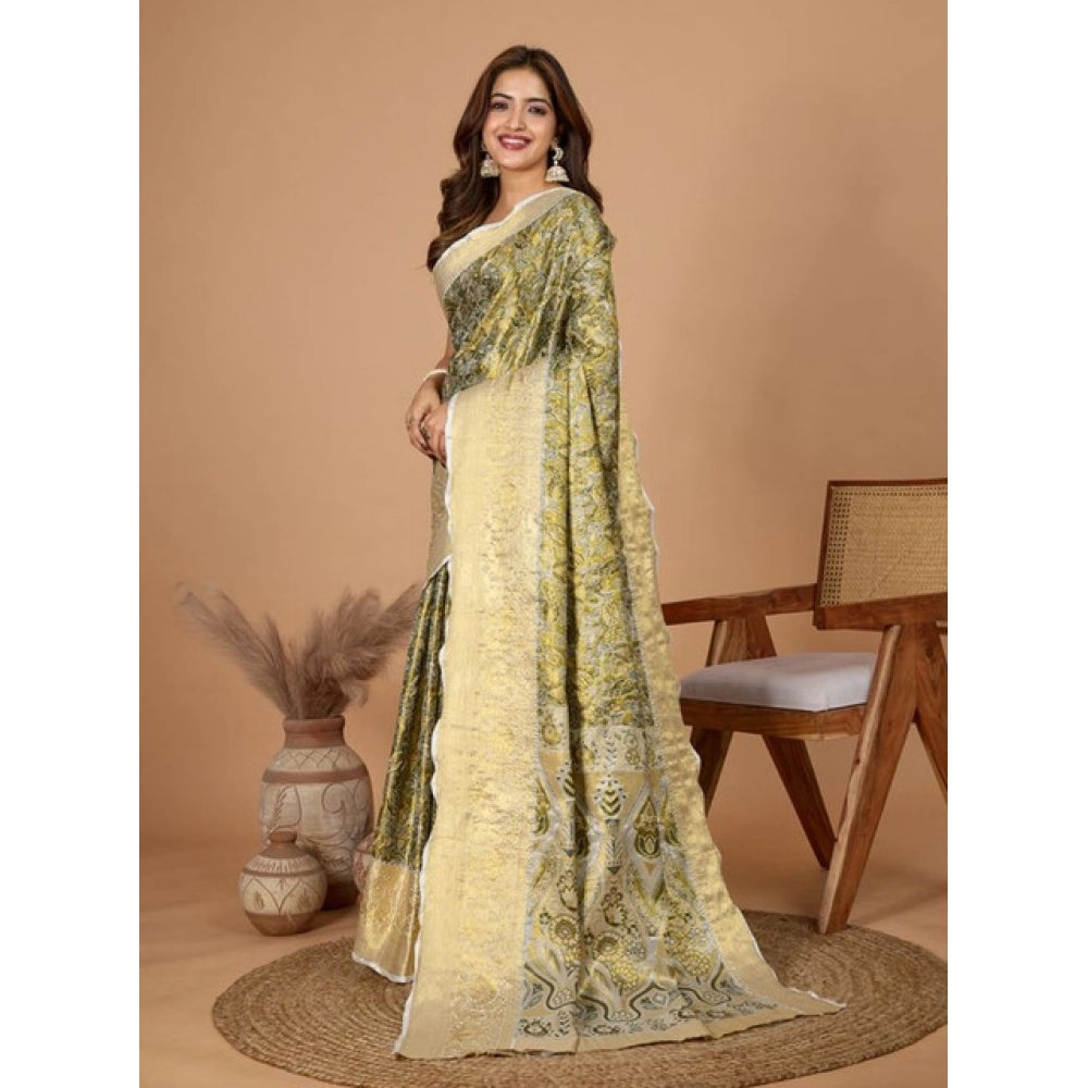 Snuggle Spot Women's Jacquard Saree With Unstitched Blouse 5.5Mtr (Olive)