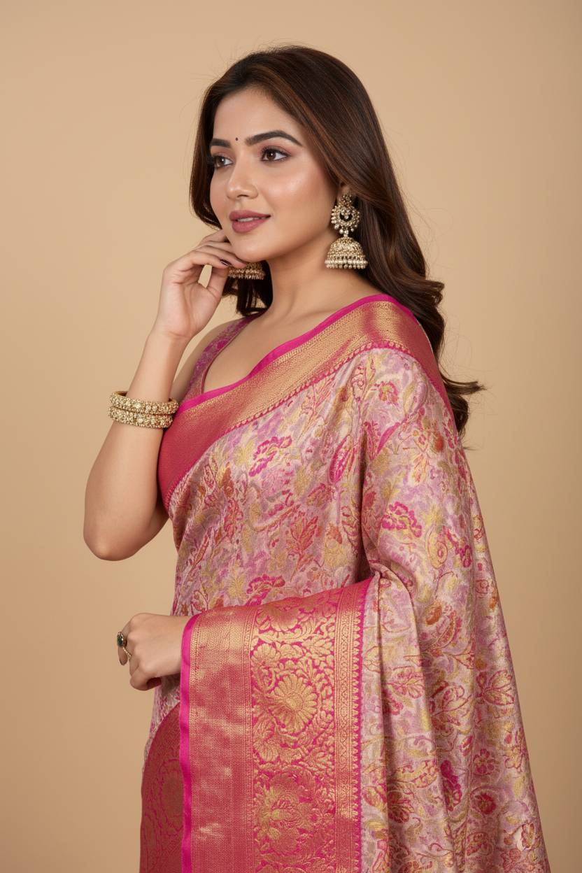Snuggle Spot Women's Jacquard Saree With Unstitched Blouse 5.5Mtr (Pink)