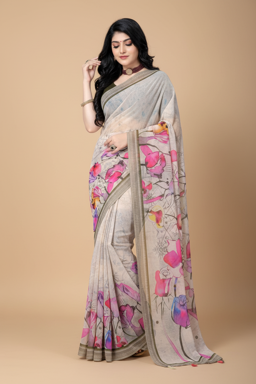 Snuggle Spot Women's Georgette Floral Printed Saree With Unstitched Blouse 5.5Mtr (Beige)