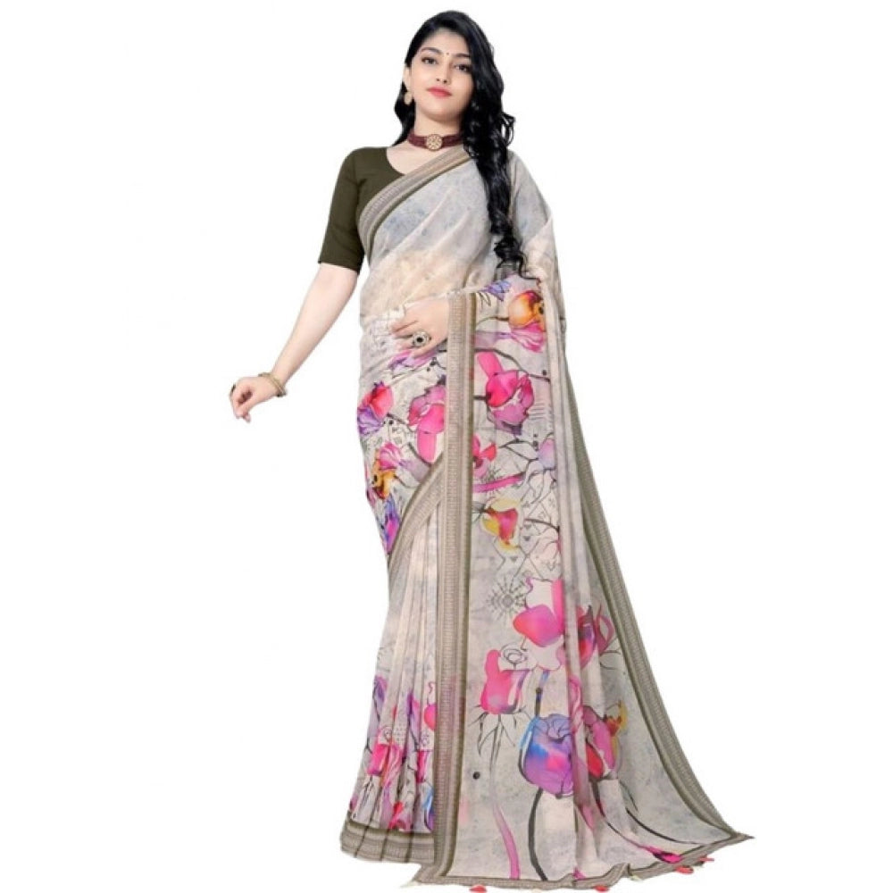 Snuggle Spot Women's Georgette Floral Printed Saree With Unstitched Blouse 5.5Mtr (Beige)