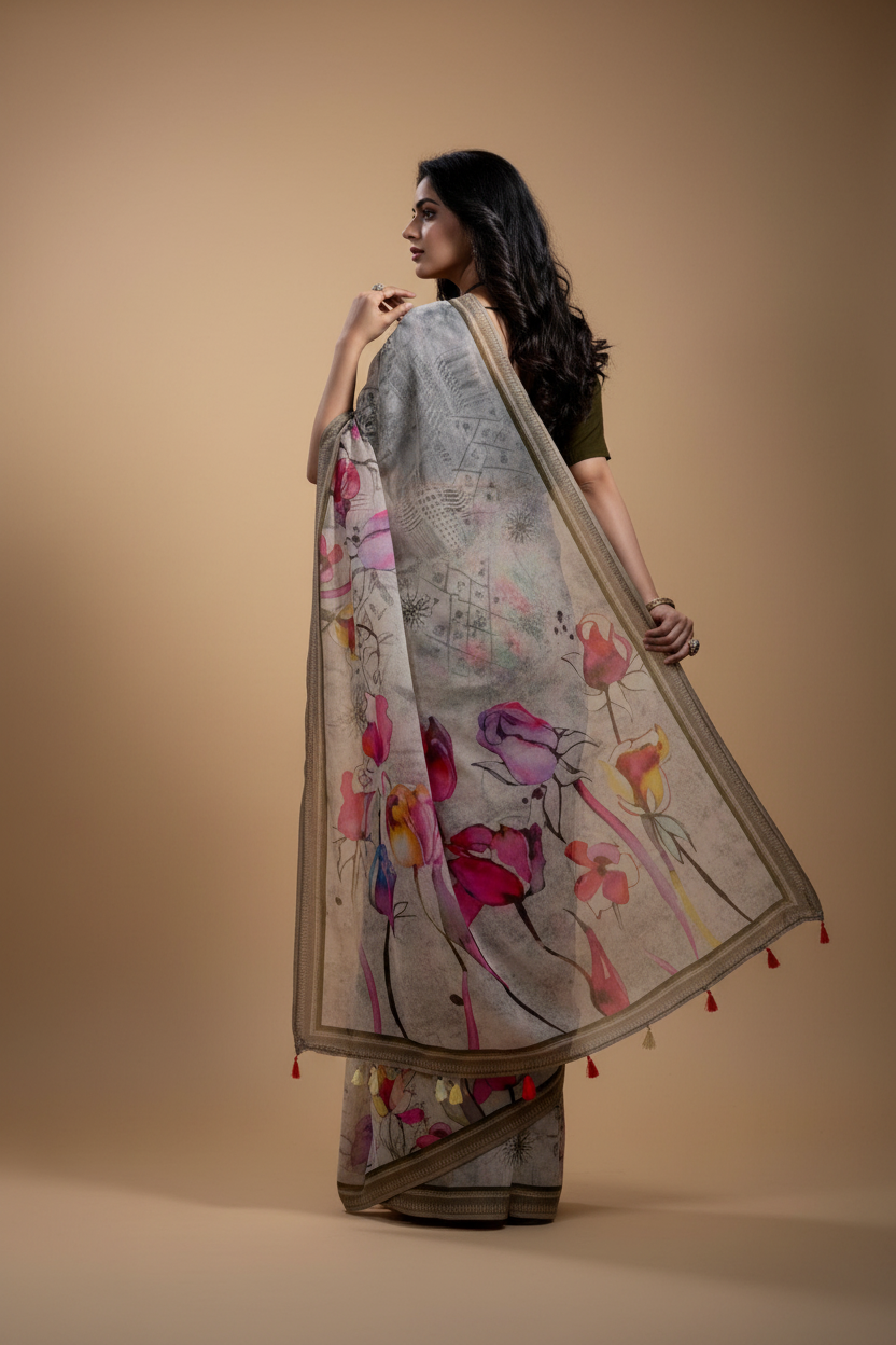 Snuggle Spot Women's Georgette Floral Printed Saree With Unstitched Blouse 5.5Mtr (Beige)