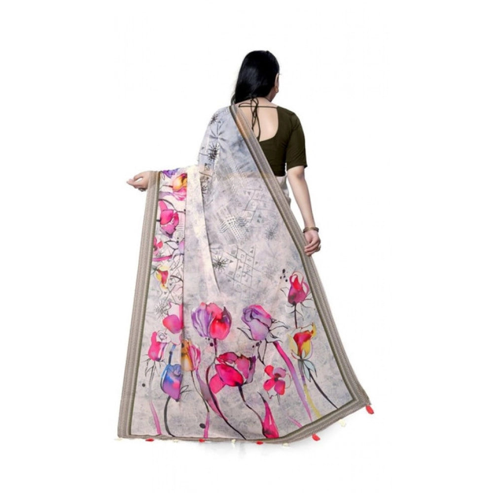 Snuggle Spot Women's Georgette Floral Printed Saree With Unstitched Blouse 5.5Mtr (Beige)