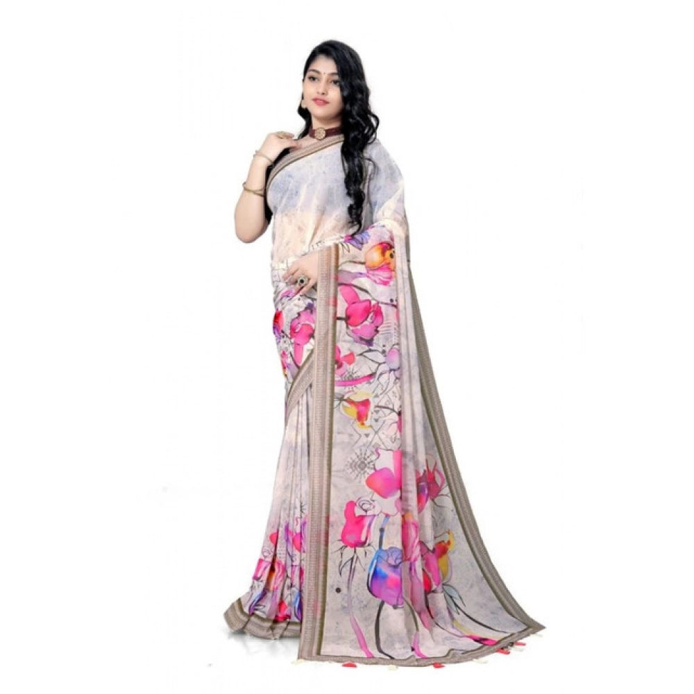 Snuggle Spot Women's Georgette Floral Printed Saree With Unstitched Blouse 5.5Mtr (Beige)
