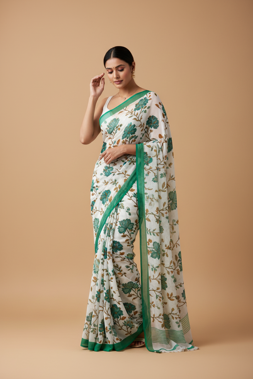 Snuggle Spot Women's Georgette Floral Printed Saree With Unstitched Blouse 5.5Mtr (Green)
