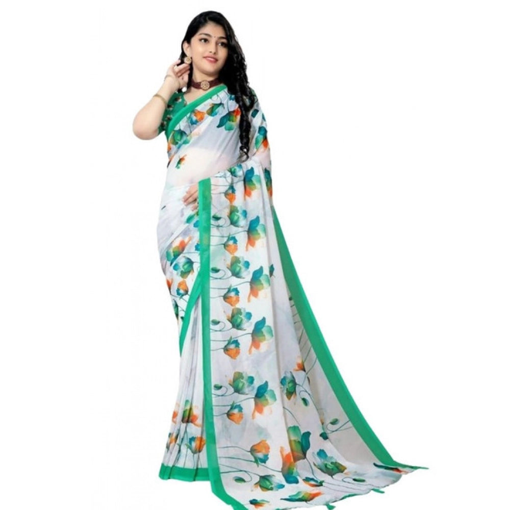Snuggle Spot Women's Georgette Floral Printed Saree With Unstitched Blouse 5.5Mtr (Green)