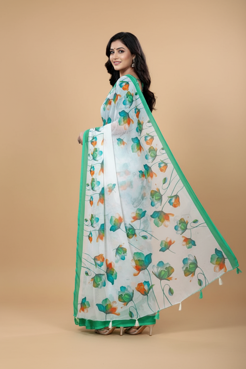 Snuggle Spot Women's Georgette Floral Printed Saree With Unstitched Blouse 5.5Mtr (Green)
