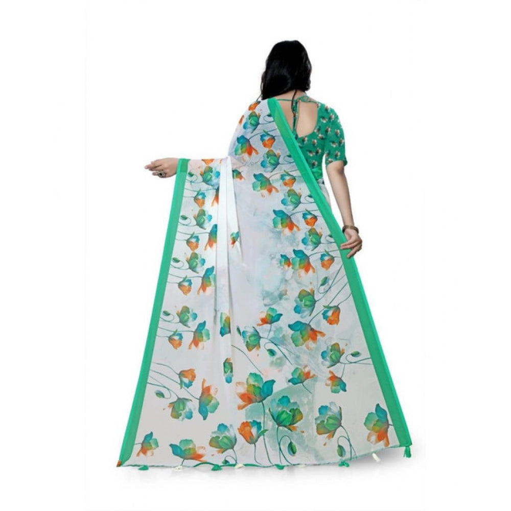 Snuggle Spot Women's Georgette Floral Printed Saree With Unstitched Blouse 5.5Mtr (Green)
