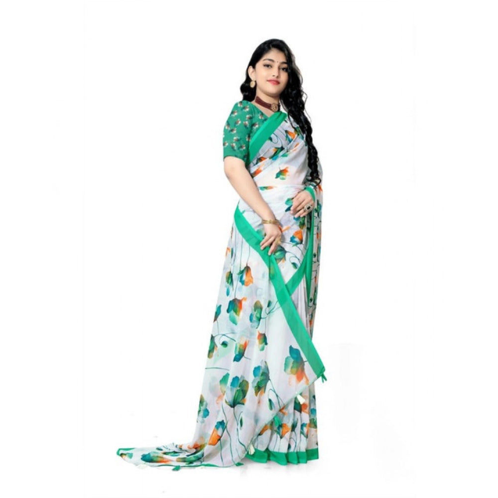 Snuggle Spot Women's Georgette Floral Printed Saree With Unstitched Blouse 5.5Mtr (Green)