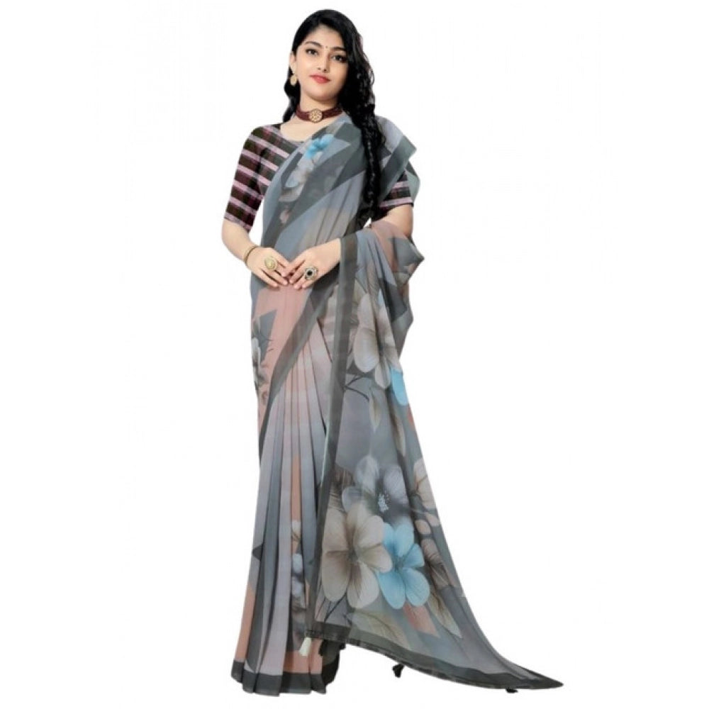 Snuggle Spot Women's Georgette Floral Printed Saree With Unstitched Blouse 5.5Mtr (Grey)