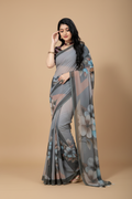 Snuggle Spot Women's Georgette Floral Printed Saree With Unstitched Blouse 5.5Mtr (Grey)
