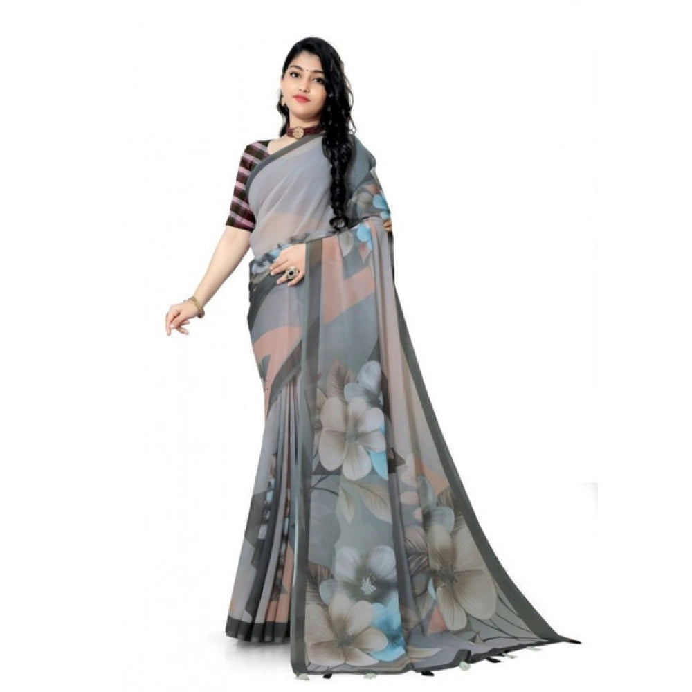 Snuggle Spot Women's Georgette Floral Printed Saree With Unstitched Blouse 5.5Mtr (Grey)