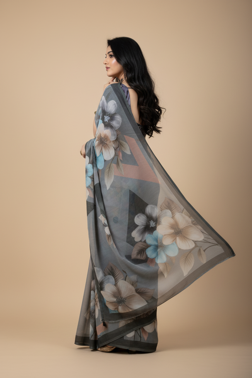 Snuggle Spot Women's Georgette Floral Printed Saree With Unstitched Blouse 5.5Mtr (Grey)