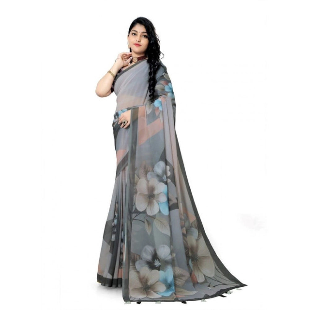 Snuggle Spot Women's Georgette Floral Printed Saree With Unstitched Blouse 5.5Mtr (Grey)