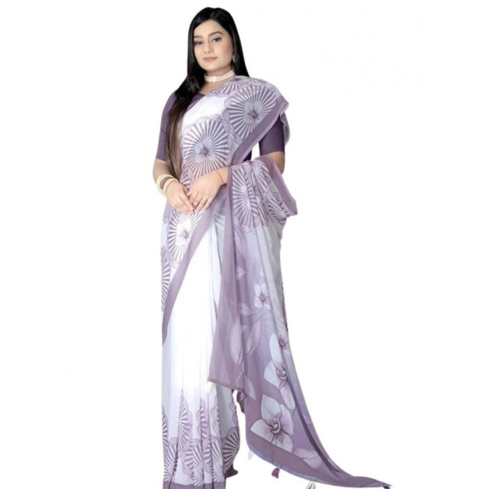 Snuggle Spot Women's Georgette Floral Printed Saree With Unstitched Blouse 5.5Mtr (Lavender)