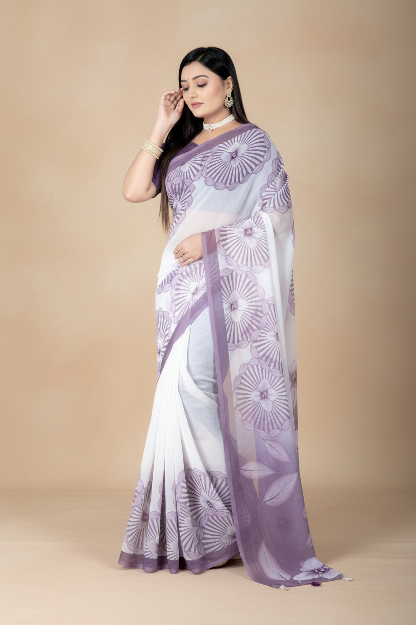 Snuggle Spot Women's Georgette Floral Printed Saree With Unstitched Blouse 5.5Mtr (Lavender)