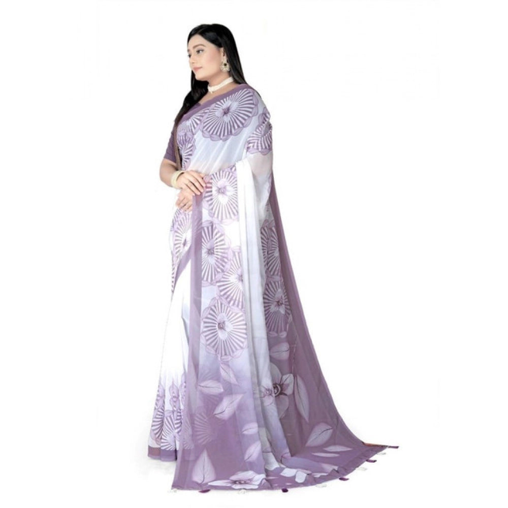 Snuggle Spot Women's Georgette Floral Printed Saree With Unstitched Blouse 5.5Mtr (Lavender)