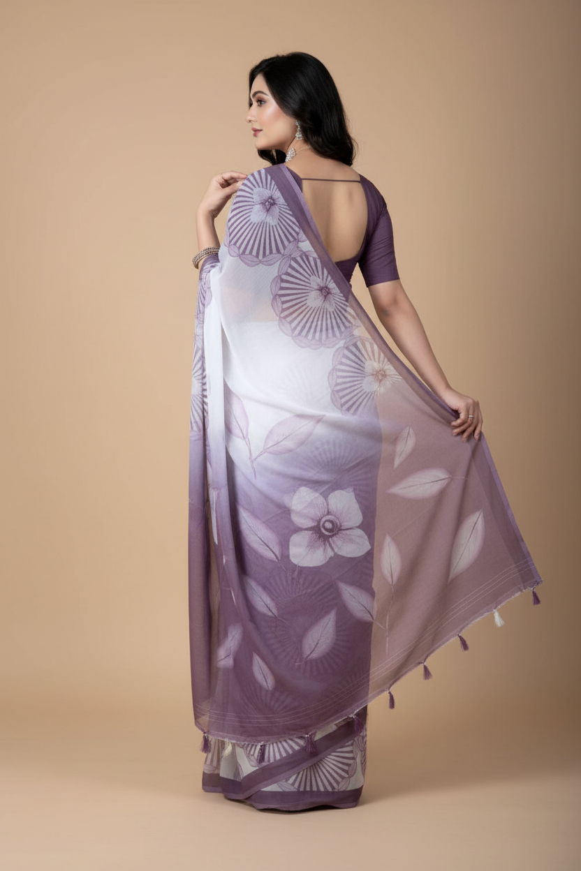 Snuggle Spot Women's Georgette Floral Printed Saree With Unstitched Blouse 5.5Mtr (Lavender)