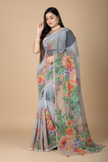 Snuggle Spot Women's Georgette Floral Printed Saree With Unstitched Blouse 5.5Mtr (Grey)