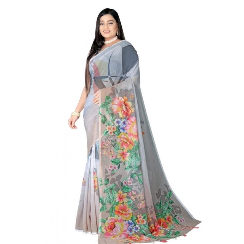 Snuggle Spot Women's Georgette Floral Printed Saree With Unstitched Blouse 5.5Mtr (Grey)
