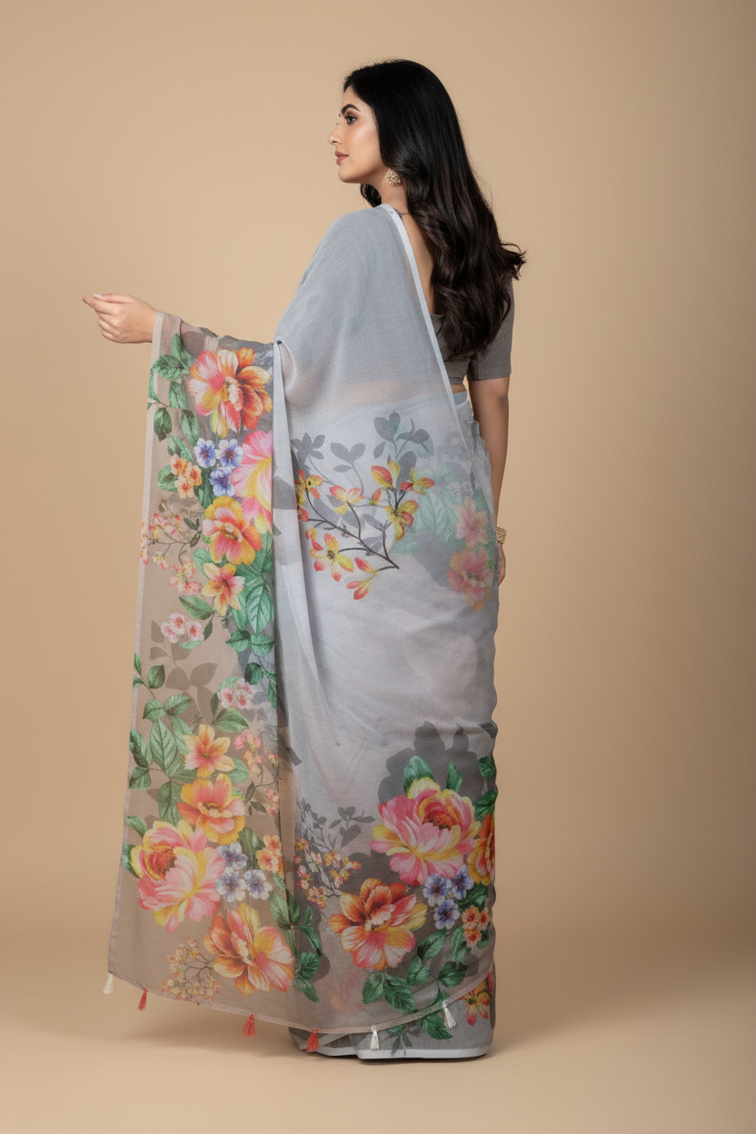 Snuggle Spot Women's Georgette Floral Printed Saree With Unstitched Blouse 5.5Mtr (Grey)