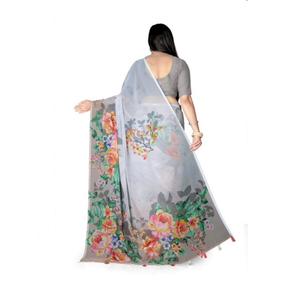Snuggle Spot Women's Georgette Floral Printed Saree With Unstitched Blouse 5.5Mtr (Grey)